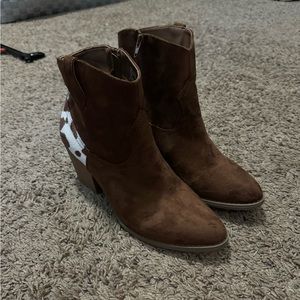 Brown and white cow print booties